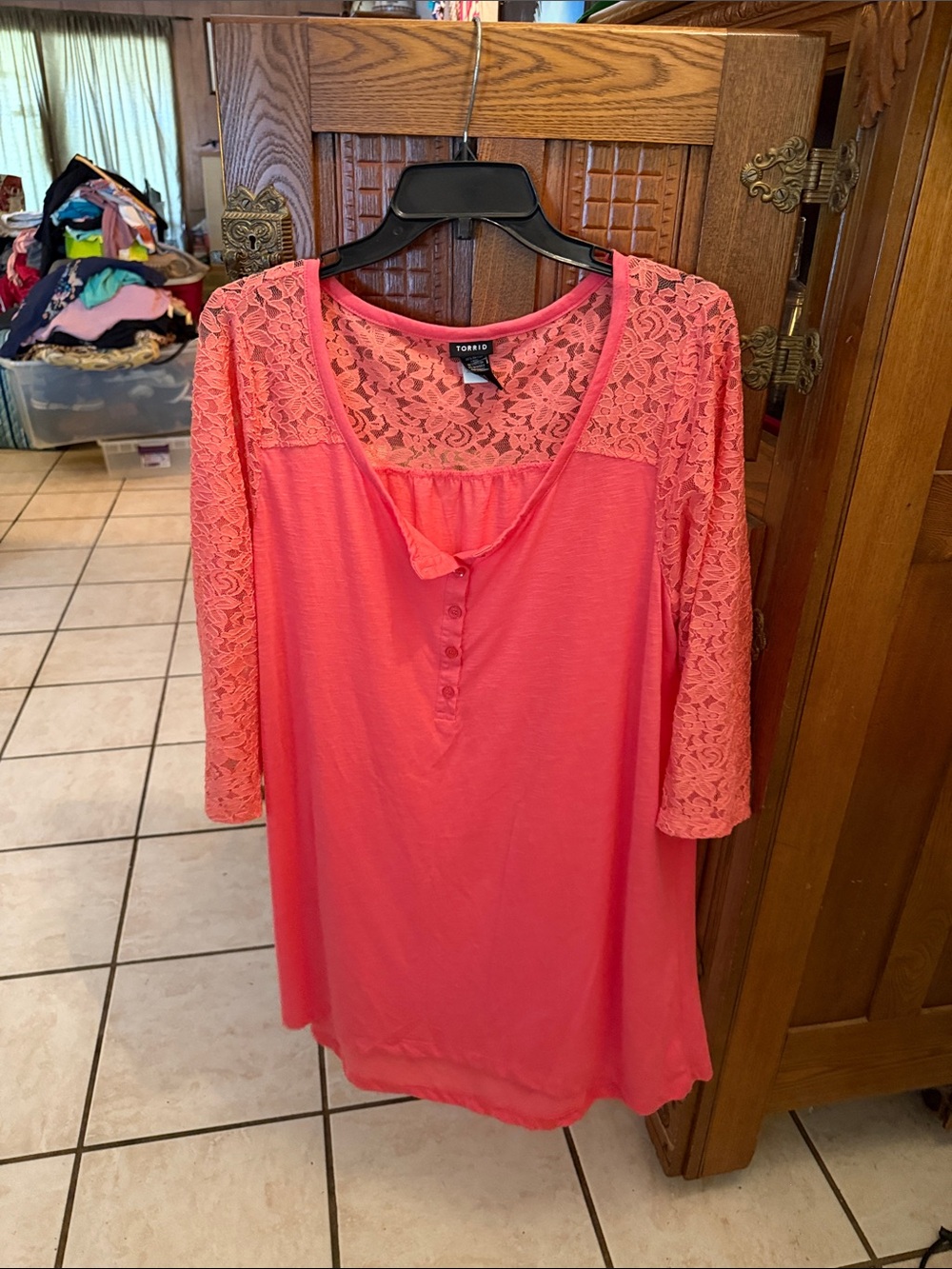 torrid Coral Lace Yoke Henley Tunic
